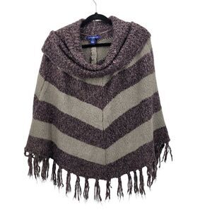Bandolino Fringe Knit Cowl Neck Poncho PM Purple Gray Chevron Stripe Boho Hippie